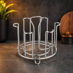 Stainless Steel Glass Stand Holder |Kitchen & Dining | Rust-Proof Glass Organizer | 6 Glasses with Center Storage| Space-Saving Glass Rack for Home, Hotels & Restaurants (Steel Glass Stand Holder 2)
