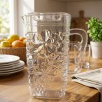 Glamor Clear Plastic Water Jug with Lid, Floral Embossed Design,