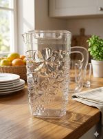 Glamor Clear Plastic Water Jug with Lid, Floral Embossed Design,